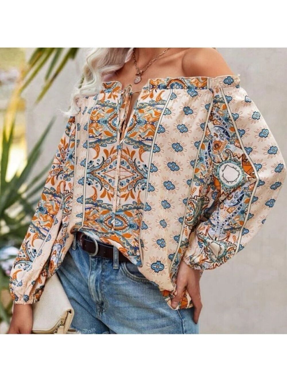 Boho Apricot Floral Print Tie Front Off Shoulder Blouse NWT